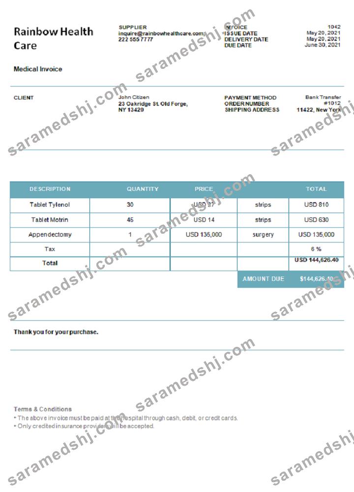 USA Rainbow Health Care invoice